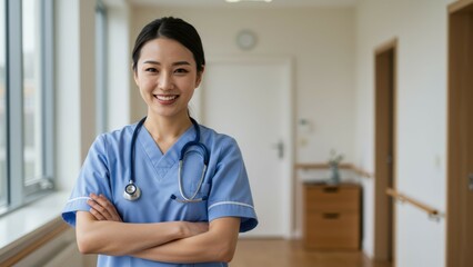 Asian nurse in scrubs smiles confidently in a hospital corridor, promoting healthcare professionalism and teamwork