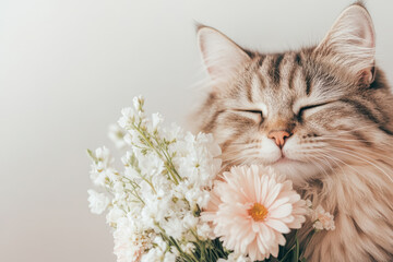Fluffy cat with closed eyes enjoying a bouquet of delicate spring flowers calming serene moment