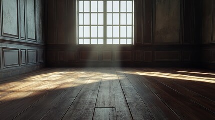 Sunlight Streams Through A Grand Old Window Illuminating A Forgotten Rooms Aged Hardwood Floor, Creating A Sense Of Quiet Solitude And Timelessness