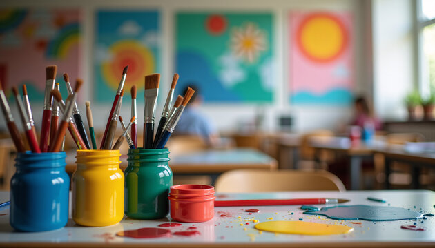 Colorful Paintbrushes in Jars with Spilled Primary Colors Paint on Table in Bright Cheerful Classroom Setting
