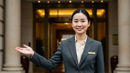 Asian woman hotel receptionist smiles, welcoming guests from modern lobby, representing hospitality and cultural diversity