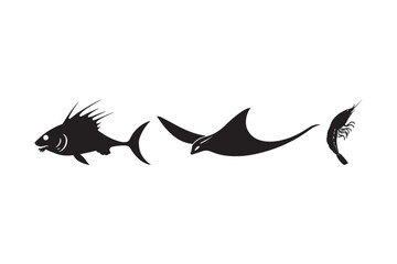 Sea Creatures Silhouette Set Fish, Manta Ray, Shrimp Vector Illustration