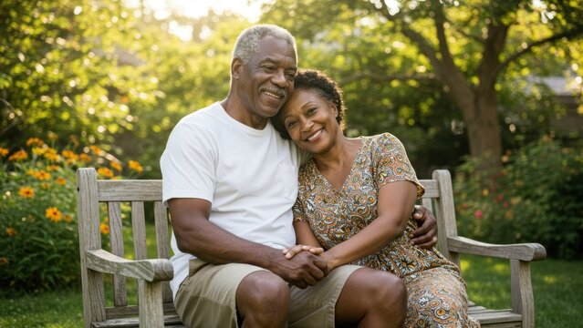 African American senior couple holding hands outdoors in park smiling together, enjoying nature and celebrating love - Powered by Adobe