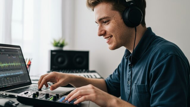 Young Caucasian man working as music producer in home studio with laptop, headphones, and mixer Focus on creativity and technology