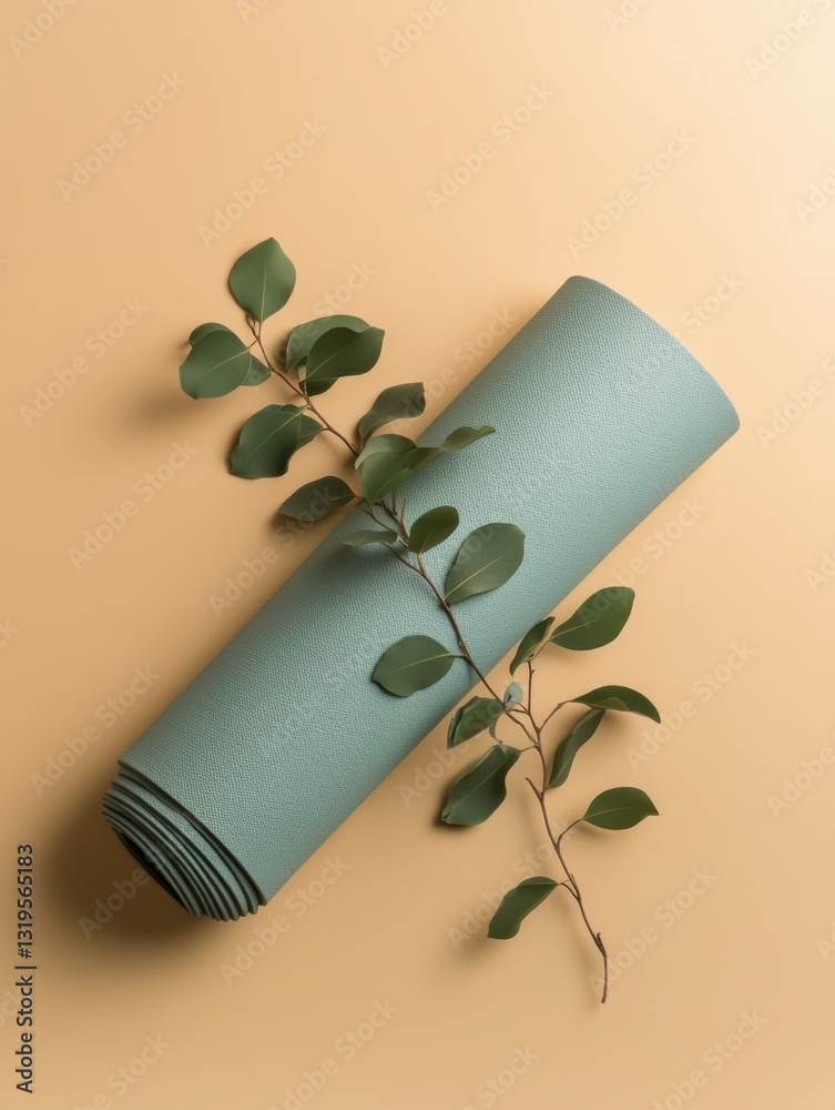 Poster Minimalistic yoga mat arranged with greenery on a soft backdrop showcasing a serene space for mindfulness practice