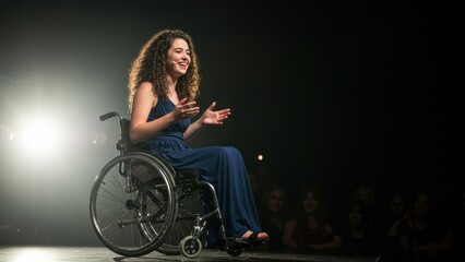 Young woman in wheelchair performs on stage, engaging audience with confidence and joy, promoting diversity and inclusivity