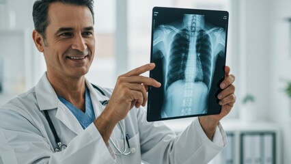 Caucasian male doctor in mid 40s holds X ray in hospital's healthcare setting Emphasizes health awareness and medical profession