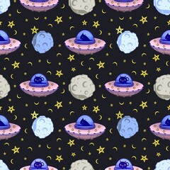 Black kitten travels through space in spaceship on dark background. Wallpaper. Black cat seamless repeating pattern. 