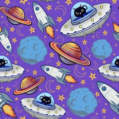Childish seamless repeating pattern black cat astronaut in spaceship, planet, Saturn, orbits, rocket, stars and moon on purple background.