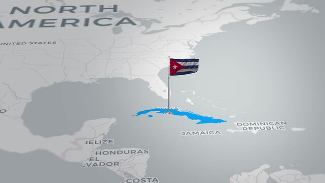 Cuba map animation. The Cuba flag flies majestically over a detailed Liberia map