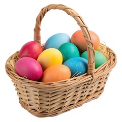 Colorful easter eggs in wicker basket isolated on transparent background