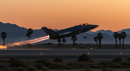 Fighter Jet Taking Off Sunrise Desert Landscape Military Aviation High Speed 4K