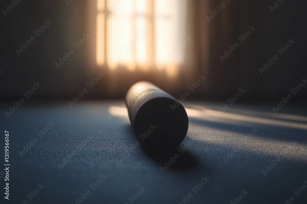 Poster minimalist fitness roller placed on a flat surface with natural light streaming through a window in 