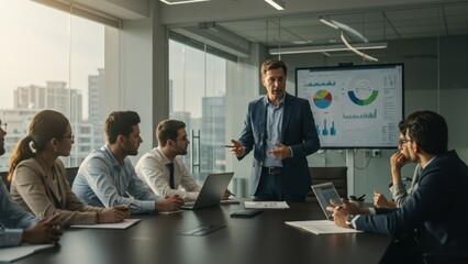 Caucasian, South Asian, Hispanic, Middle Eastern, and Asian businessmen conduct a data presentation in a modern urban office Concepts: teamwork, leadership