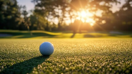 Golf Ball on Grass with Sunset in Background Creating Golden Light