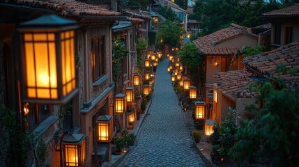 Fototapeta premium Cobblestone street at dusk, illuminated by warm lanterns lining traditional buildings