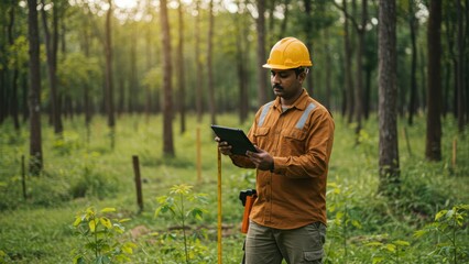 Fototapeta premium South Asian man using tablet in forest setting for environmental monitoring, promoting sustainability and eco friendly practices