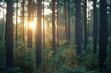 Obraz premium Tranquil Sunlight Filtering Through Tall Trees in a Serene Forest Setting with Gentle Greens and Natural Beauty