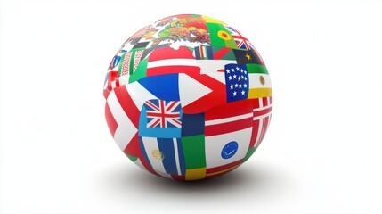 Globe covered in various nations' flags standing in a bright white studio environment, clear visibility