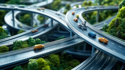 Fototapeta premium Miniature highway system, winding roads, trees, vehicles. Possible stock photo use