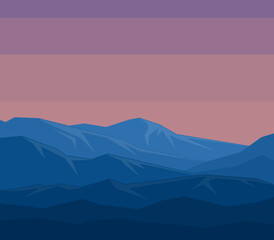 Landscape with blue mountains on sunset. Huge mountain range in twilight. Mountaineering handdrawn flyer. Typography flat poster of high rocky mountains. Vector illustration.