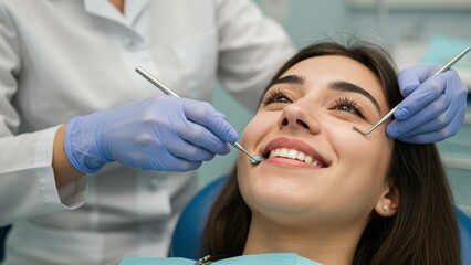 Naklejka premium Hispanic young adult female smiles during dental examination in clinic Focus on oral hygiene and healthcare