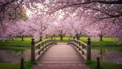 Cherry blossoms in full bloom surround wooden bridge over calm water in a serene park, reflecting nature's beauty and tranquility