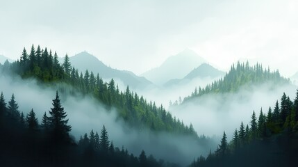 Obraz premium Northwest Region: Misty Mountains and Rugged Coastal Landscape Amid Dense Forest and Fog