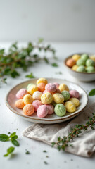 A plate of vibrant, natural-colored candies on a rustic wooden surface, with herbs for garnish.
