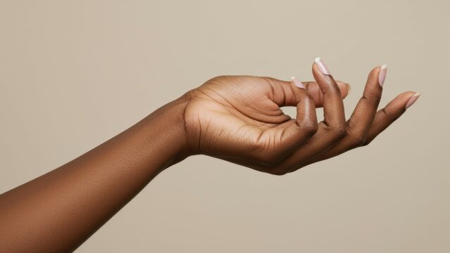 Black female hand gesturing delicately against a neutral background, showcasing elegance and self expression in beauty and wellness