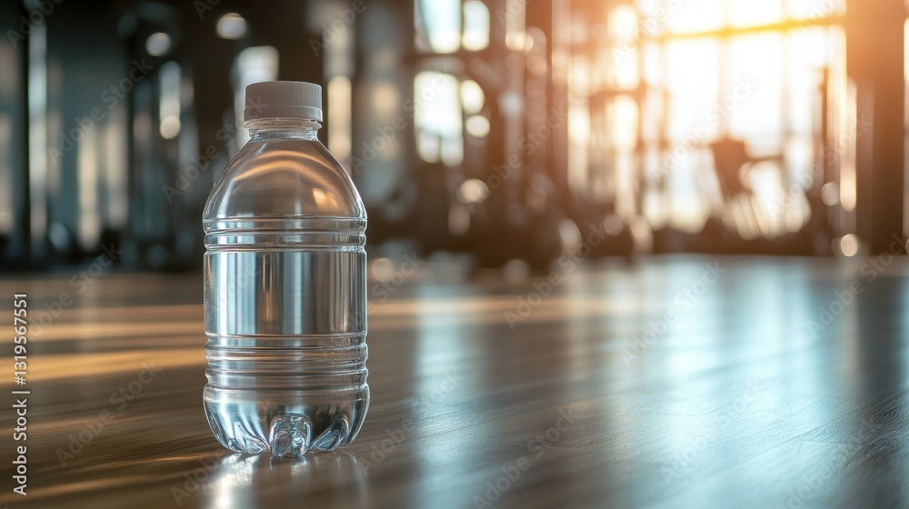 Aufkleber minimalist water bottle stands prominently in a gym setting with warm sunlight streaming through lar