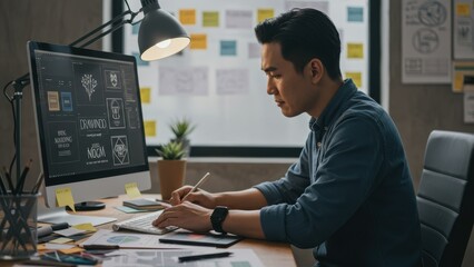 Asian male graphic designer working at desk with computer in urban workspace Themes include creativity and innovation