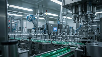 Fototapeta premium Industrial facility featuring automated assembly line for glass bottles in Europe Focus on technology and manufacturing processes