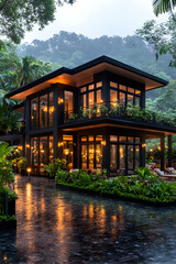Obraz premium Illuminated modern house nestled in lush greenery rain reflecting on paved pathway