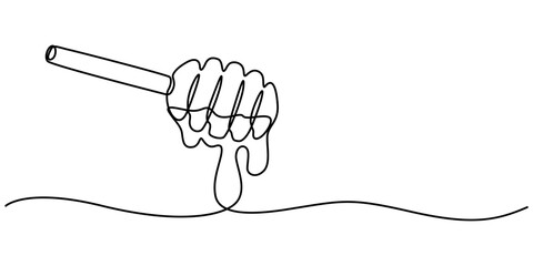 Honey dripping from honey dipper, continuous one line drawing, tattoo, print for clothes and logo design, A continuous line drawing of a honey jar with a dipper, white background isolated pro vector. 