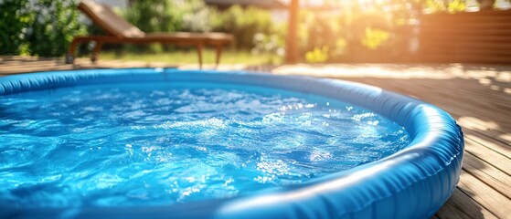 Sunlit inflatable pool filled with water on patio