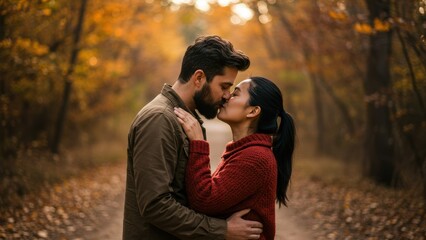 Fototapeta premium Hispanic couple sharing an intimate kiss in autumn forest setting Romantic mood reflects love and connection