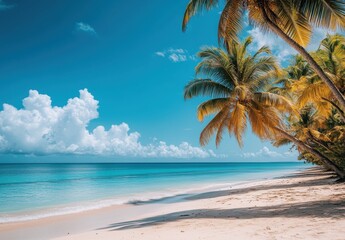 Naklejka premium Tranquil tropical beach scene with palm trees, calm turquoise waters, beautiful sky, and soft white sand, capturing the essence of paradise and relaxation