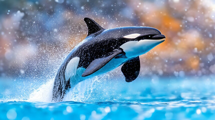 Obraz premium Orca leaping from ocean water splashing