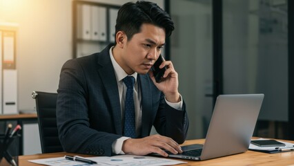 Fototapeta premium Asian businessman in office, working on laptop, talking on phone Represents business productivity and modern workplace culture
