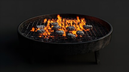 Embers Glow Warmly On A Circular Grill, Promising A Delicious Outdoor Feast Under The Night Sky With Dark, Rustic Metal And Vibrant Flames