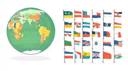 Obraz premium Global representation World globe alongside a collection of flags. Clean white background
