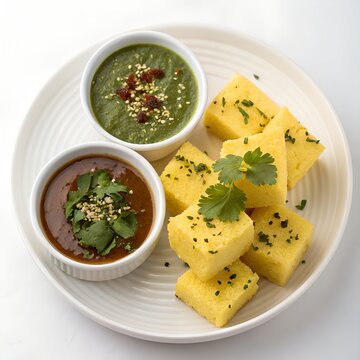 indian dhokla with green and red chutney on white plate 