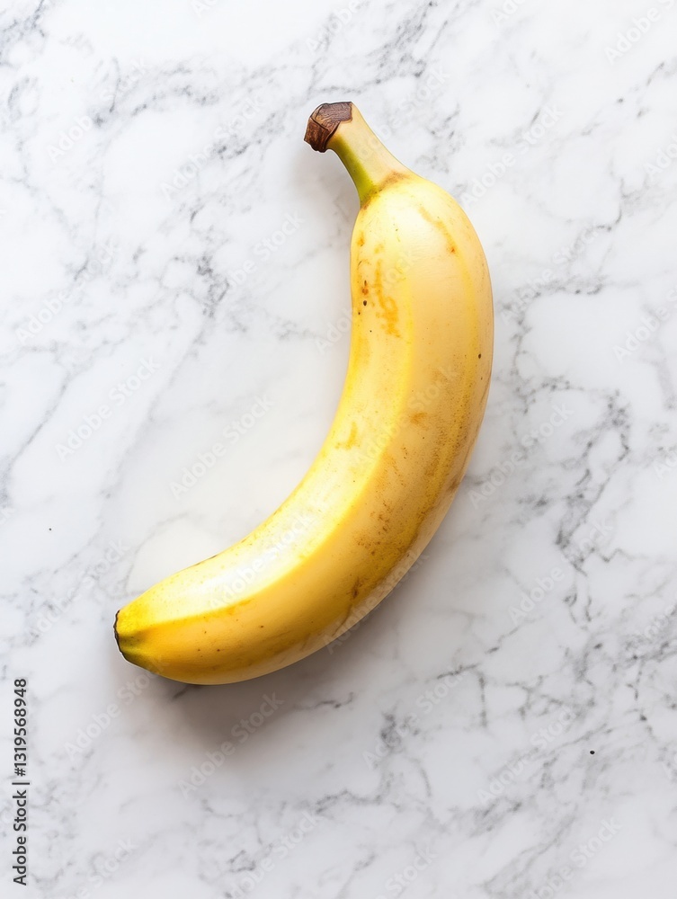 Poster bright yellow banana on a minimalist white backdrop with soft natural lighting showcasing simplicity