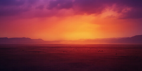 Obraz premium Vast Desert Landscape with a Dramatic Orange and Purple Sunset for Travel Posters, Nature Exploration, or Adventure Promotions