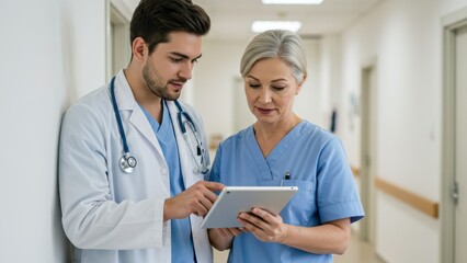 Fototapeta premium Caucasian male doctor and Caucasian female nurse collaborate in hospital corridor using tablet Concepts include teamwork, healthcare