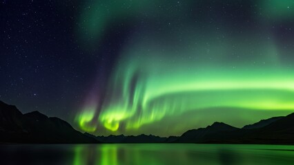 Naklejka premium Aurora borealis illuminates the night sky over a tranquil lake surrounded by mountains Natural beauty, outdoor adventure