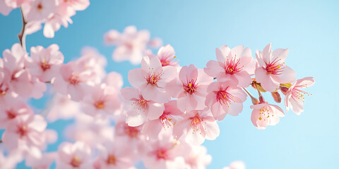 Soft Pink Cherry Blossoms Against a Clear Blue Sky for a Delicate and Beautiful Spring Scene