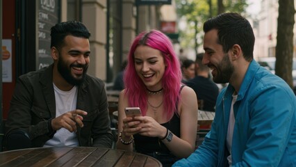 Middle Eastern man, Caucasian woman, Caucasian man laughing in outdoor café using smartphone Concepts of friendship and youth culture
