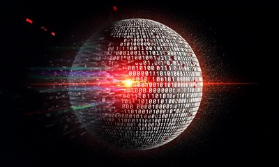 Abstract Digital Sphere With Binary Code Particles and Red Light Glow on Dark Background - Powered by Adobe